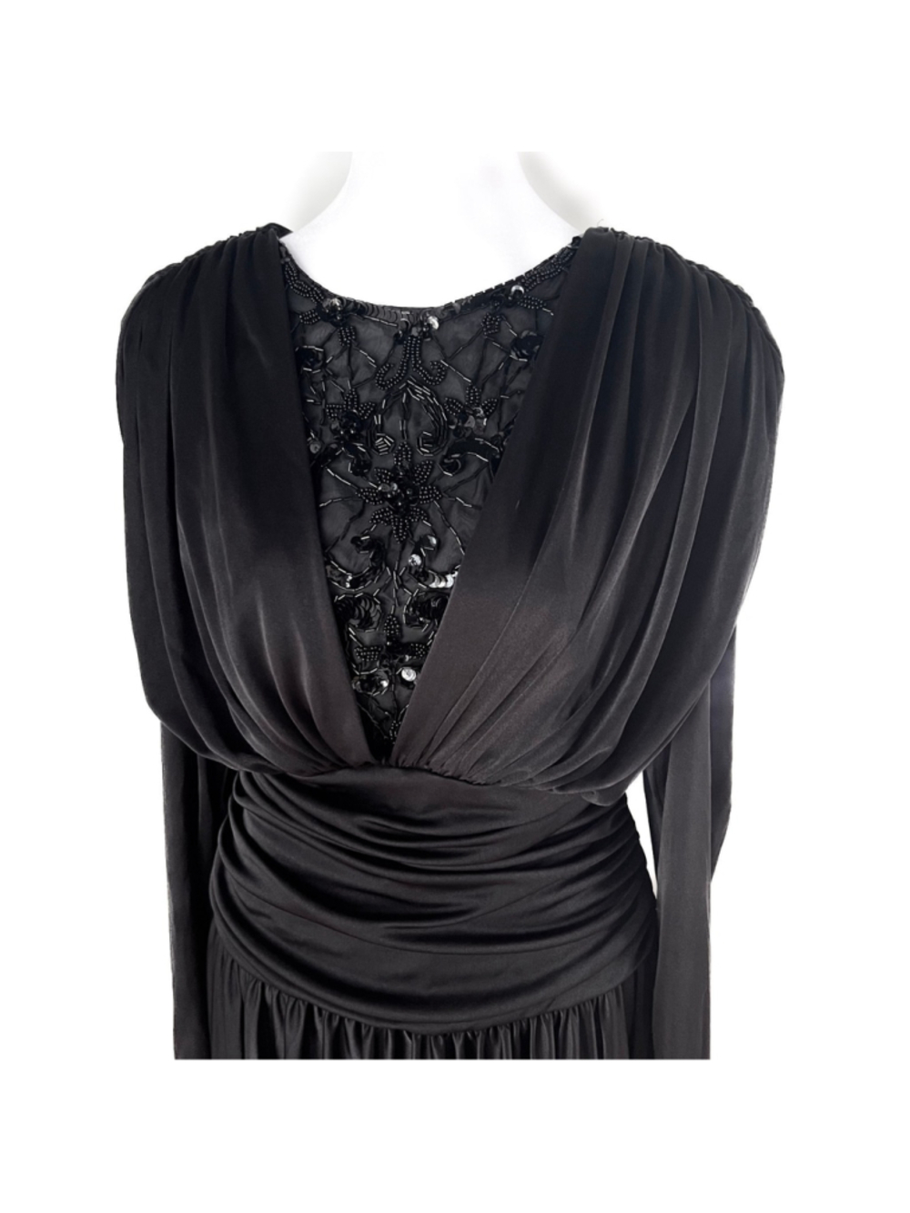 Vintage Abby Kent Black Beaded Illusion Midi Dress Ruched Gothic Glam USA M - Picture 2 of 11